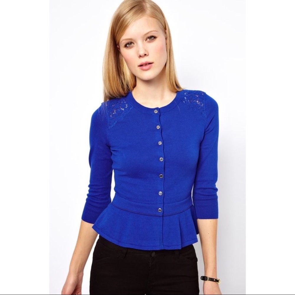 Karen Millen Blue Peplum Lace Inlay Cardigan
